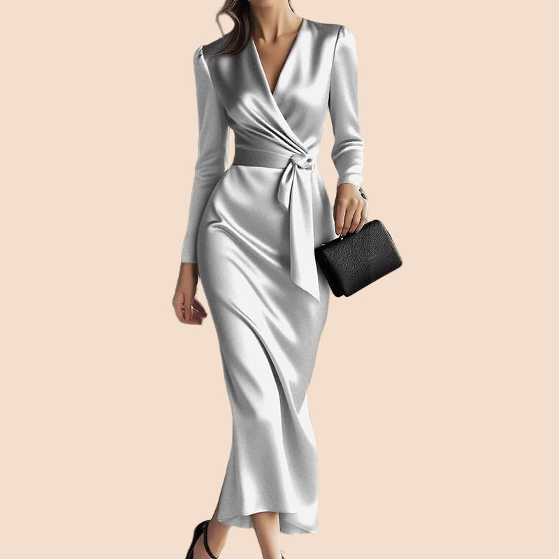 Satin Wrap Waist Midi Dress - TayDiane