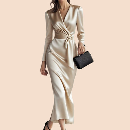 Satin Wrap Waist Midi Dress - TayDiane