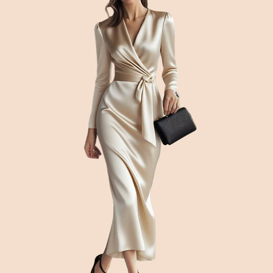 Satin Wrap Waist Midi Dress - TayDiane