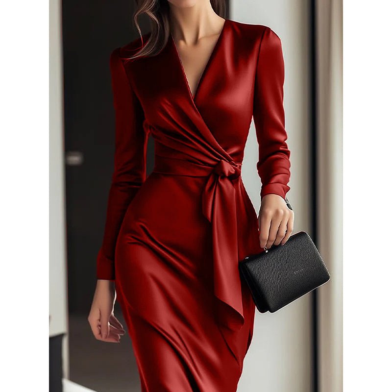 Satin Wrap Waist Midi Dress - TayDiane