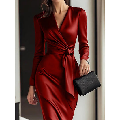 Satin Wrap Waist Midi Dress - TayDiane