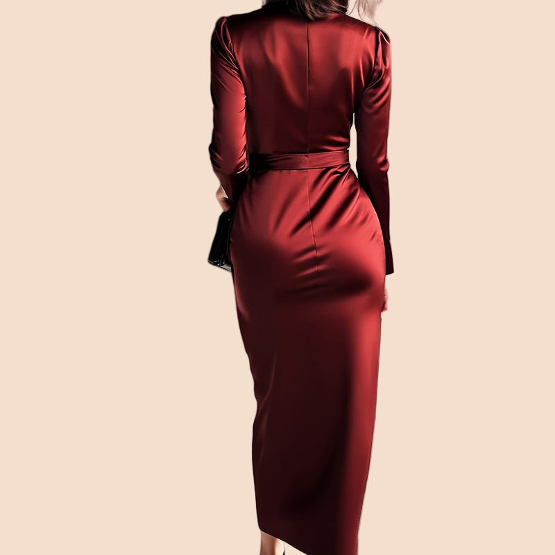 Satin Wrap Waist Midi Dress - TayDiane