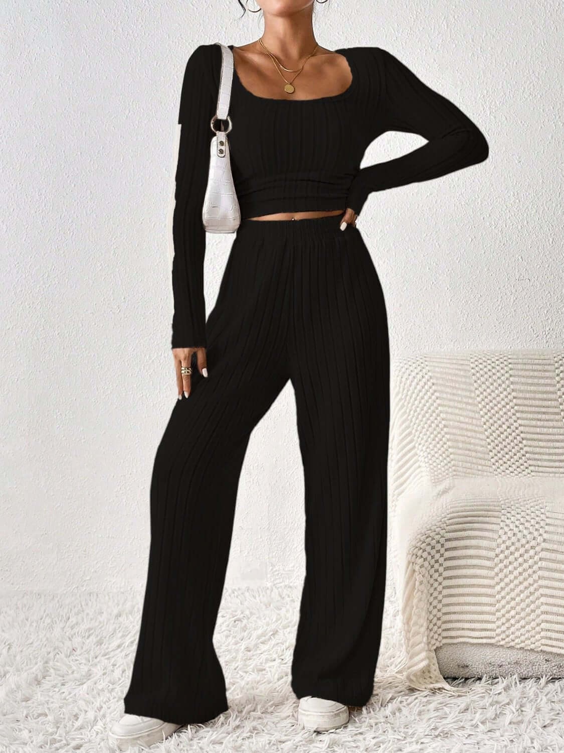 Scoop Neck Long Sleeve Top and Pants Set - TayDiane