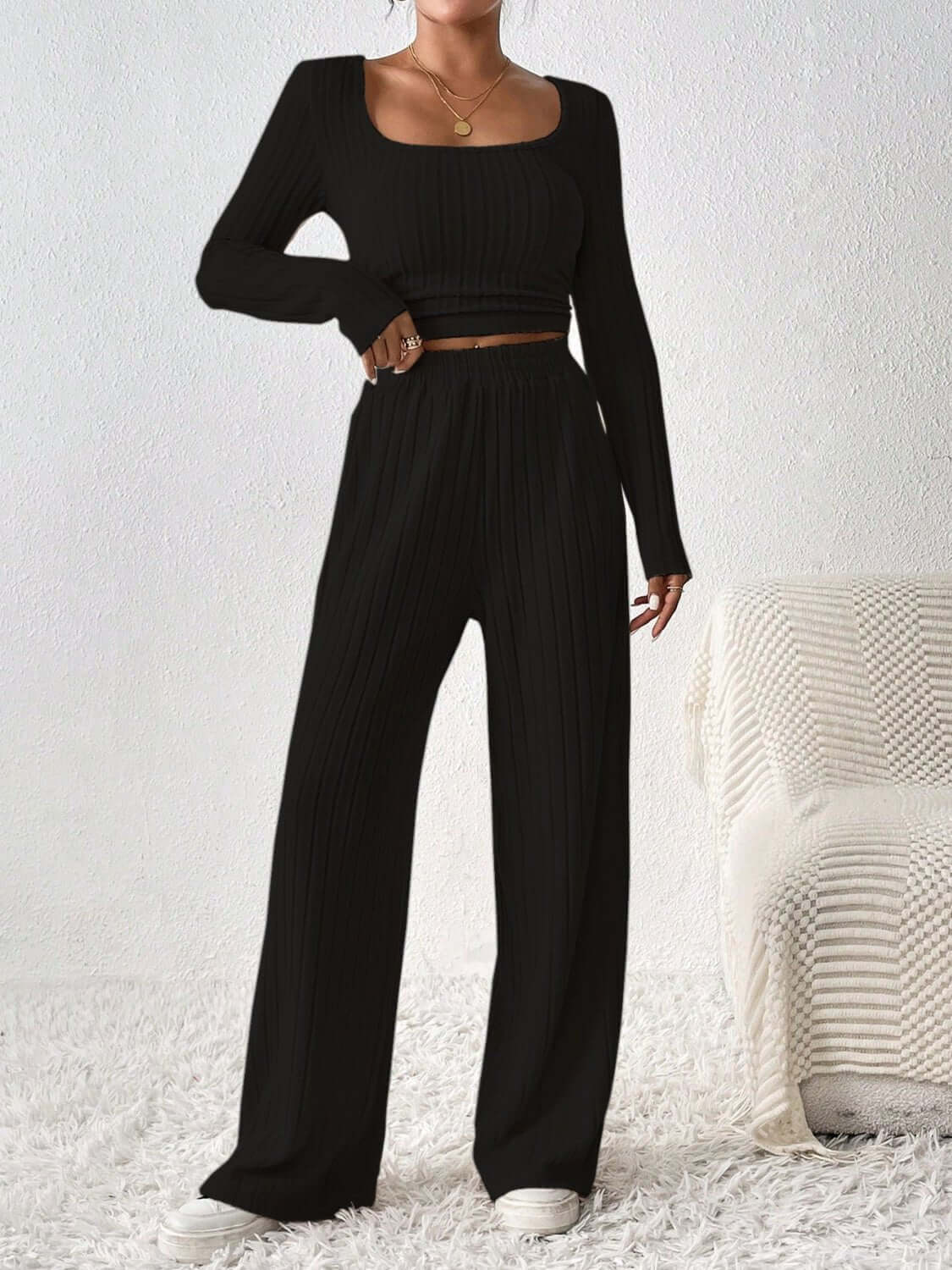 Scoop Neck Long Sleeve Top and Pants Set - TayDiane