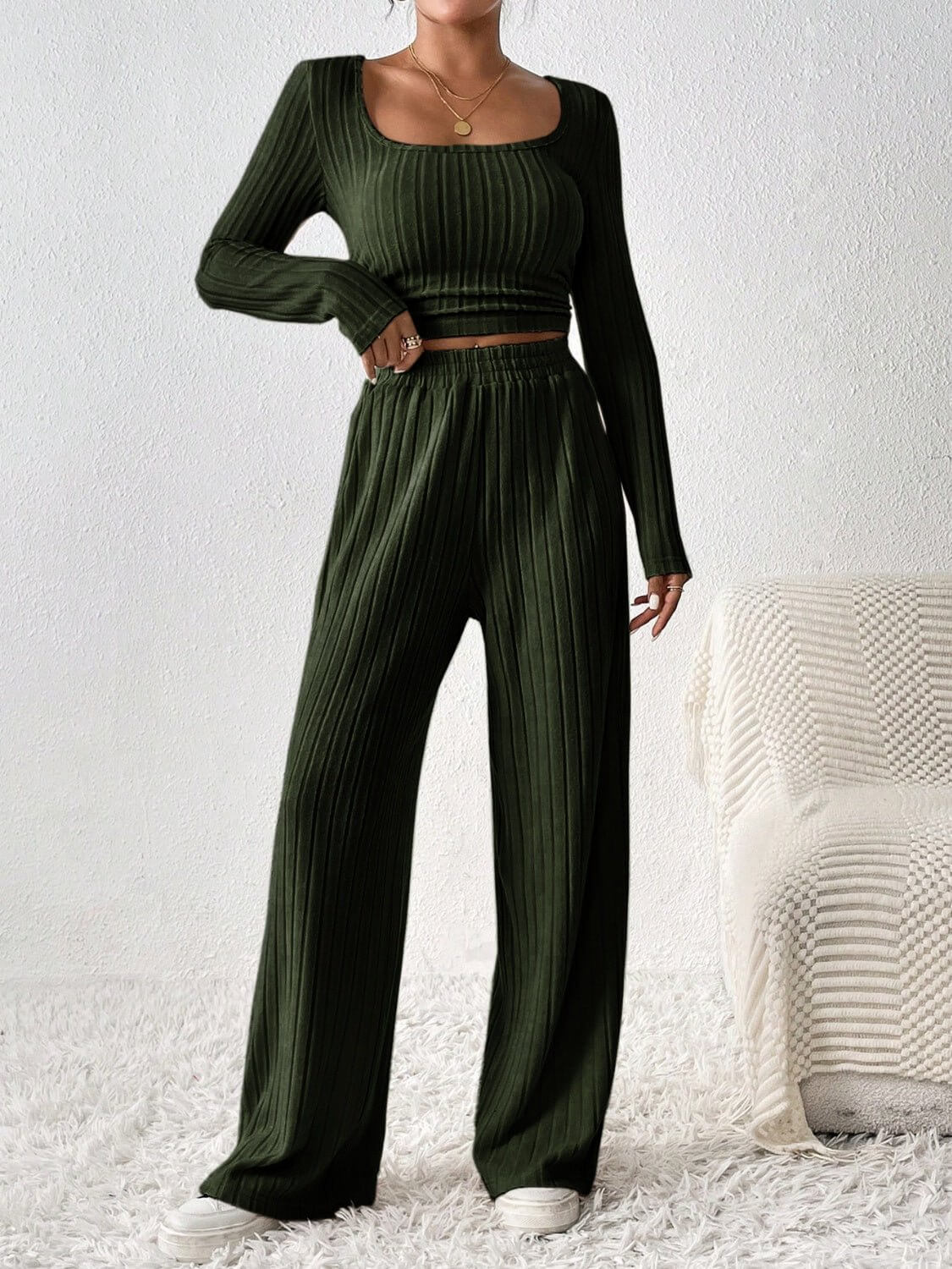 Scoop Neck Long Sleeve Top and Pants Set - TayDiane