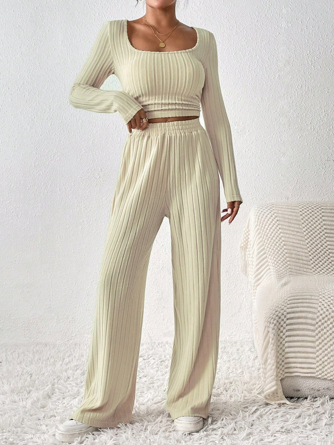 Scoop Neck Long Sleeve Top and Pants Set - TayDiane