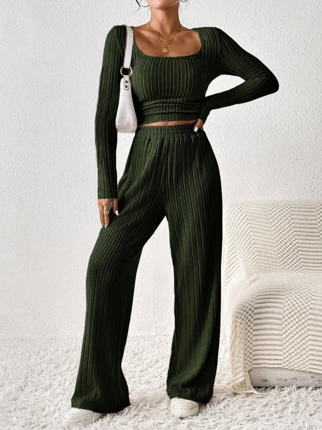 Scoop Neck Long Sleeve Top and Pants Set - TayDiane