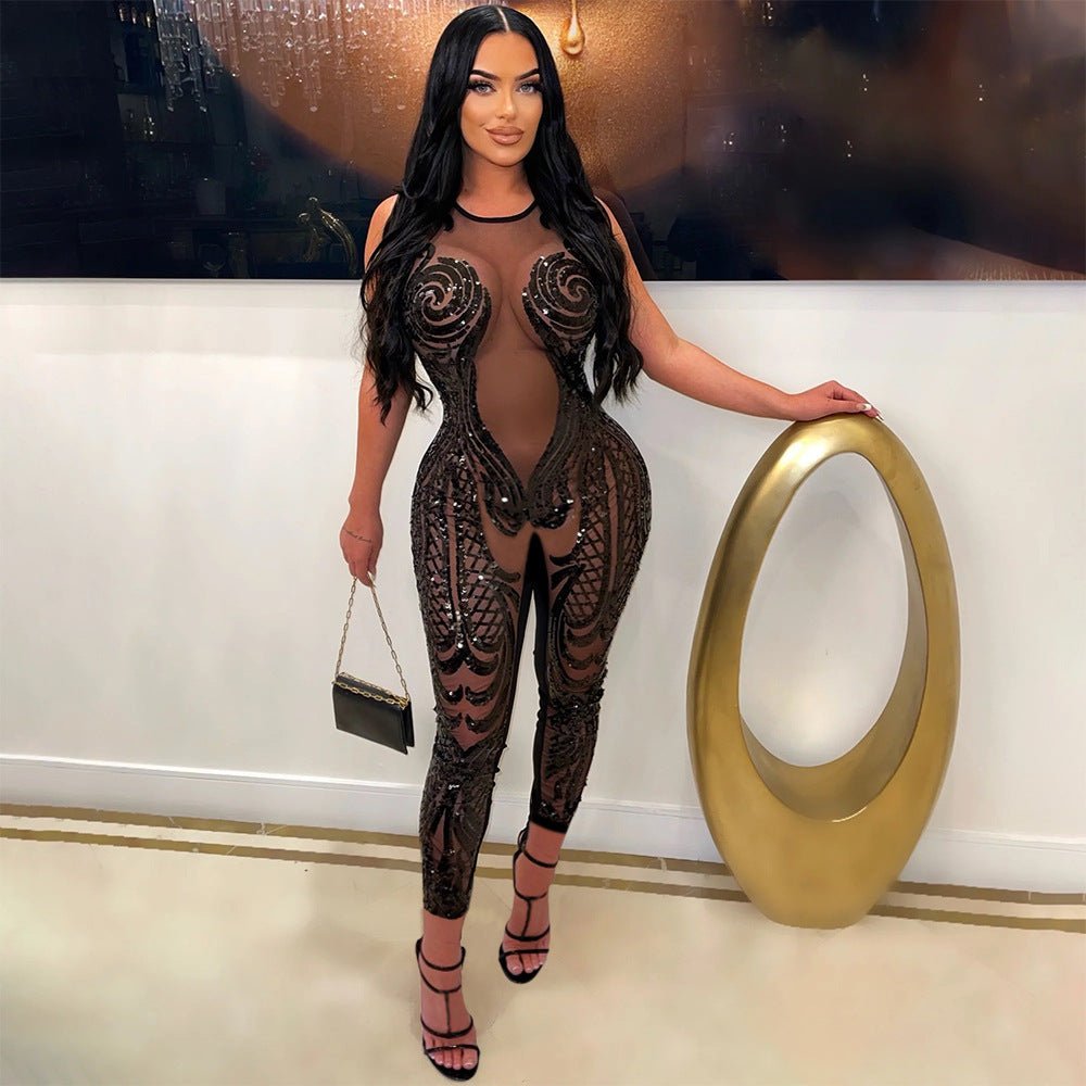 Sequin Mesh Stitching Jumpsuit - TayDiane
