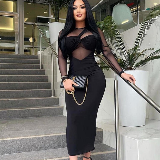 Sexy Bodycon Black Midi Dress - TayDiane