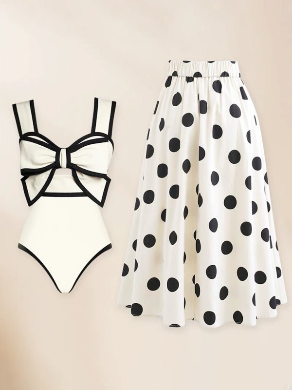 Sexy Bow One - Piece Swimsuit + Polka Dot Print Skirt - TayDiane