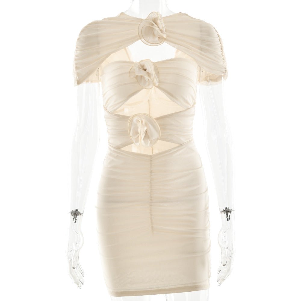 Sexy Hollow Out Cutout Sleeveless Hip Dress Elegant Floral Decorative Pleated Dress Summer - TayDiane