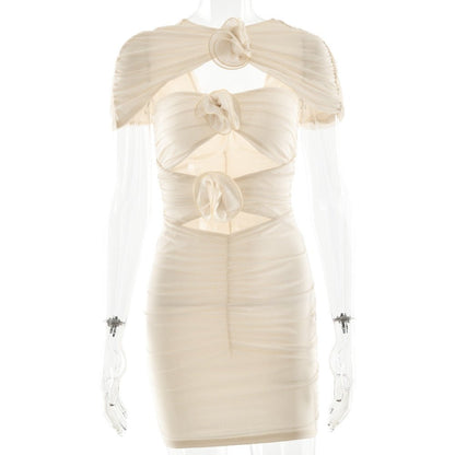 Sexy Hollow Out Cutout Sleeveless Hip Dress Elegant Floral Decorative Pleated Dress Summer - TayDiane