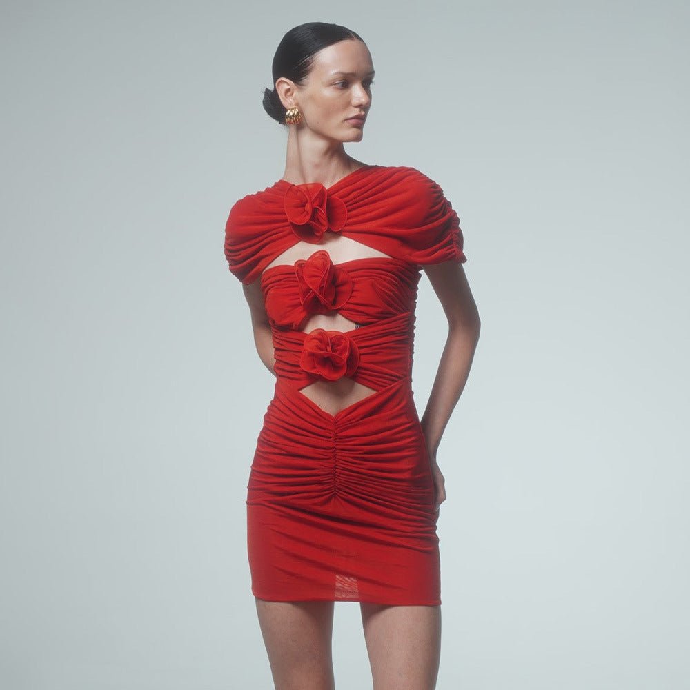 Sexy Hollow Out Cutout Sleeveless Hip Dress Elegant Floral Decorative Pleated Dress Summer - TayDiane