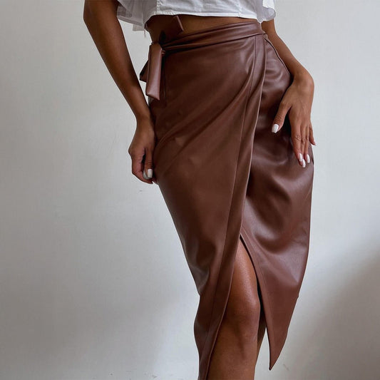 Sexy Lace up Sheath Leather Skirt Women Clothing Autumn Winter - TayDiane