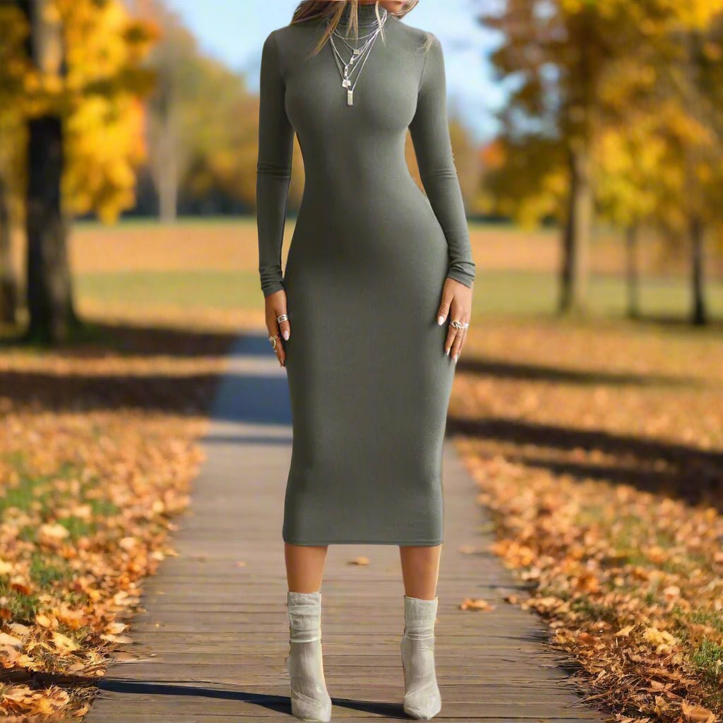 Sexy Mock - Neck Long - Sleeve Midi Dress - TayDiane