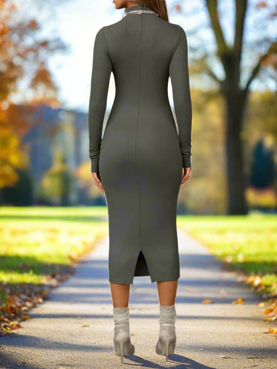 Sexy Mock - Neck Long - Sleeve Midi Dress - TayDiane