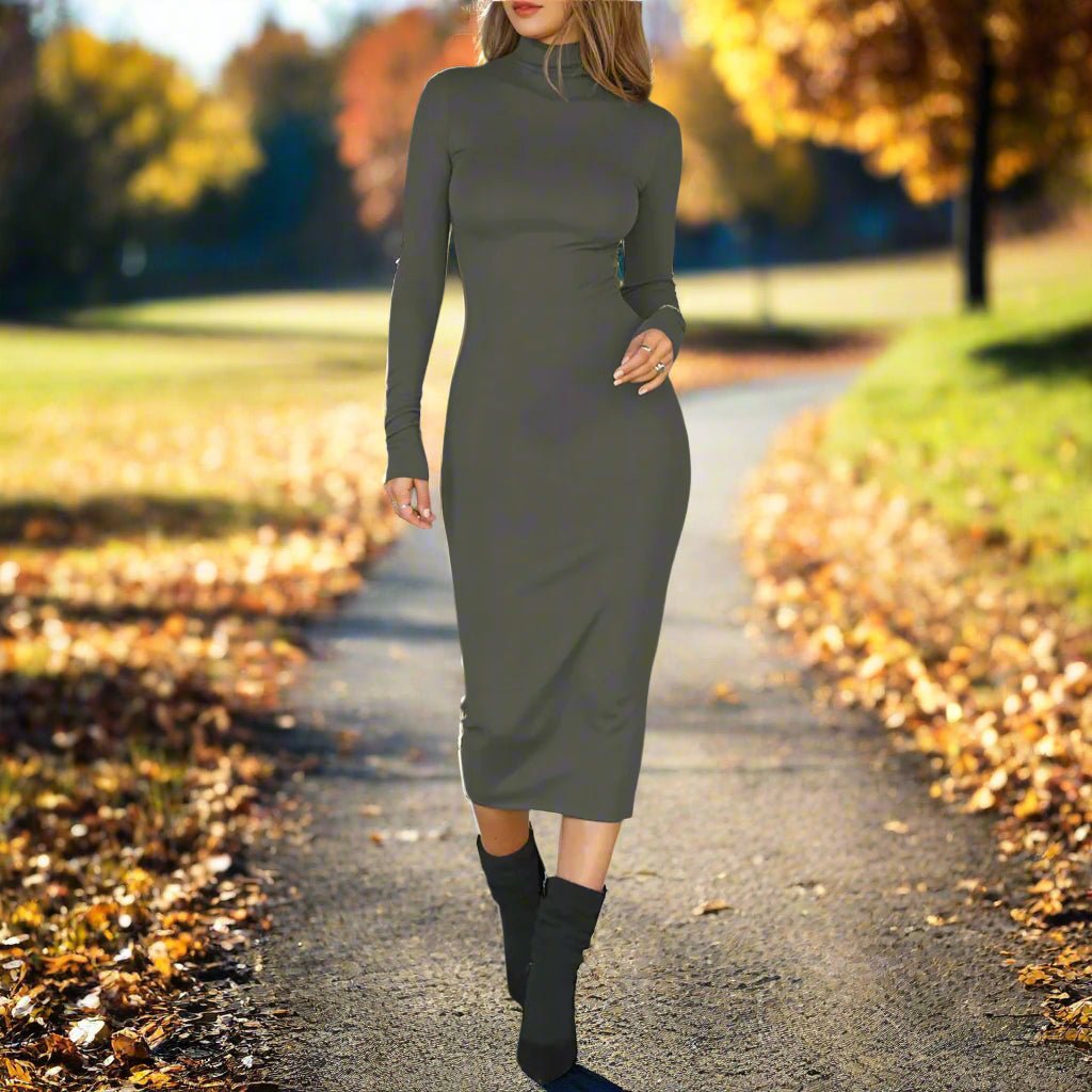 Sexy Mock - Neck Long - Sleeve Midi Dress - TayDiane