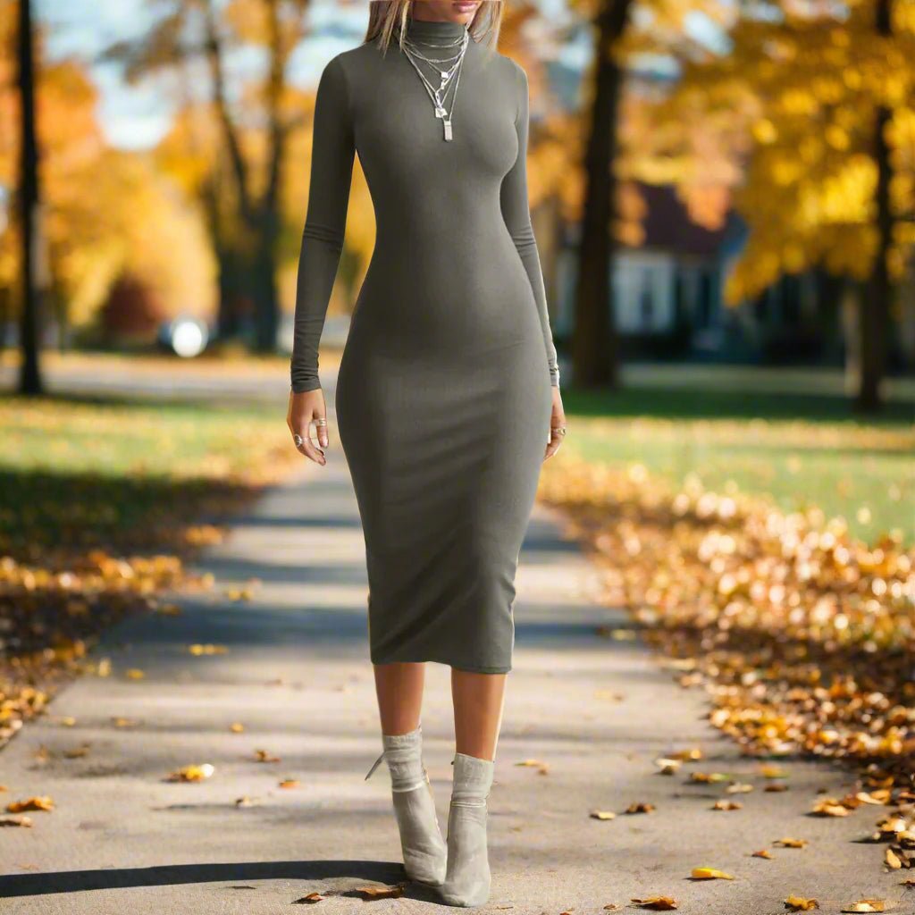 Sexy Mock - Neck Long - Sleeve Midi Dress - TayDiane