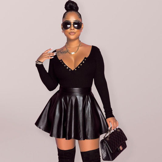 Sexy PU Leather Swing Mini Skirt - TayDiane