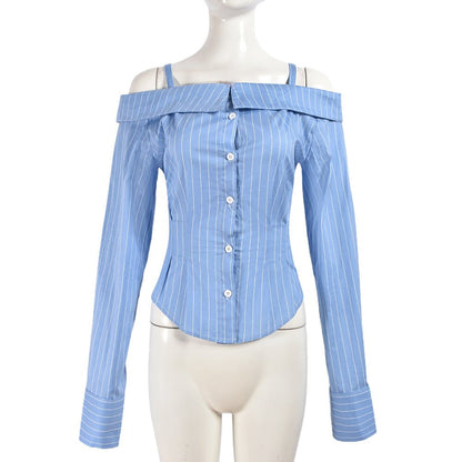 Sexy Women Clothing Shirt Long Sleeve Top off the Shoulder Personality Shirt Women - TayDiane
