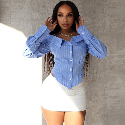 Sexy Women Clothing Shirt Long Sleeve Top off the Shoulder Personality Shirt Women - TayDiane