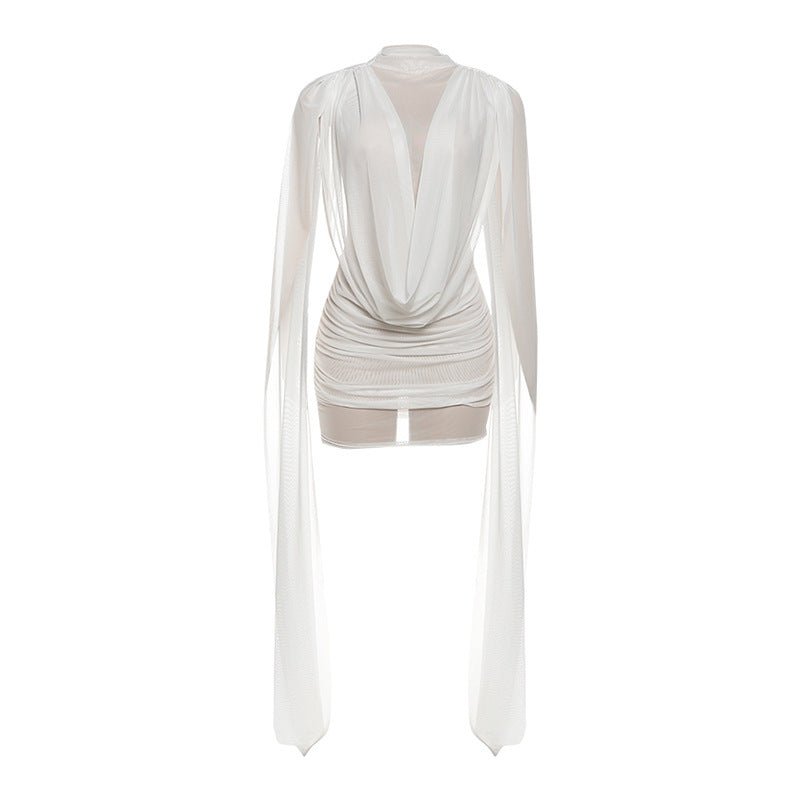 Sheer Cape Ruched Bodycon Mini Dress - Taydiane