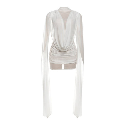 Sheer Cape Ruched Bodycon Mini Dress - Taydiane