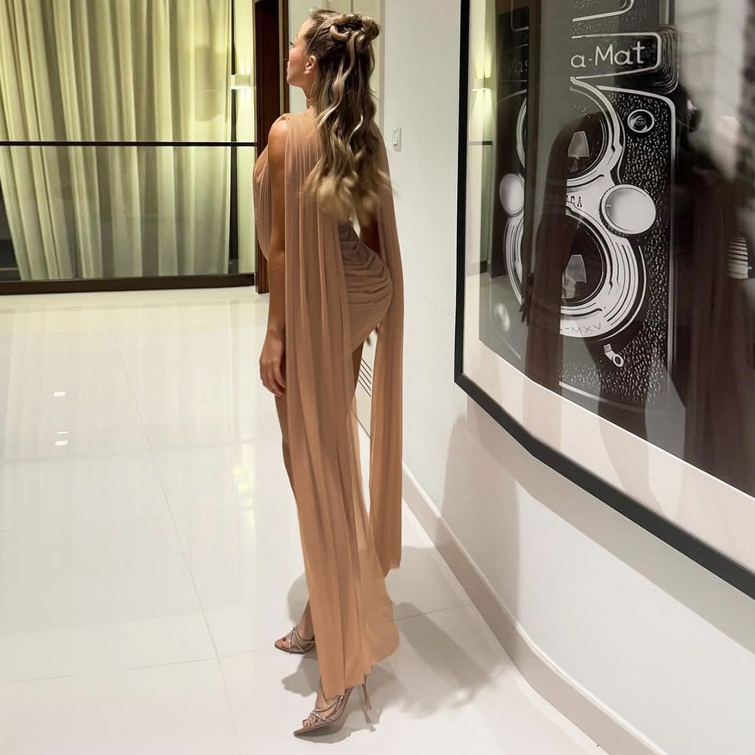 Sheer Cape Ruched Bodycon Mini Dress - Taydiane