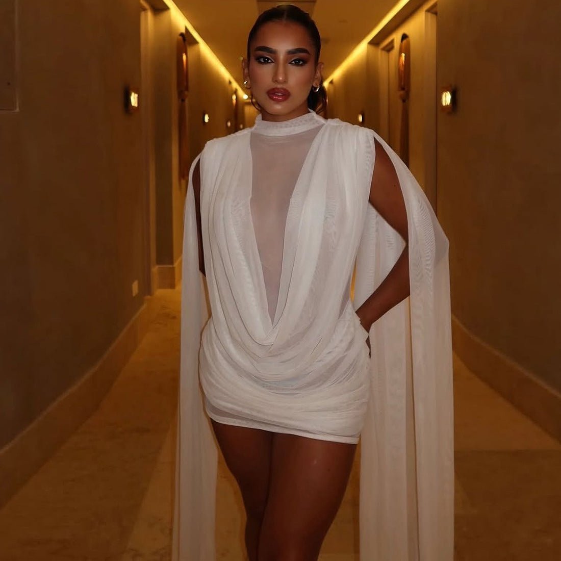 Sheer Cape Ruched Bodycon Mini Dress - Taydiane