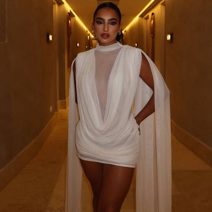 Sheer Cape Ruched Bodycon Mini Dress - Taydiane