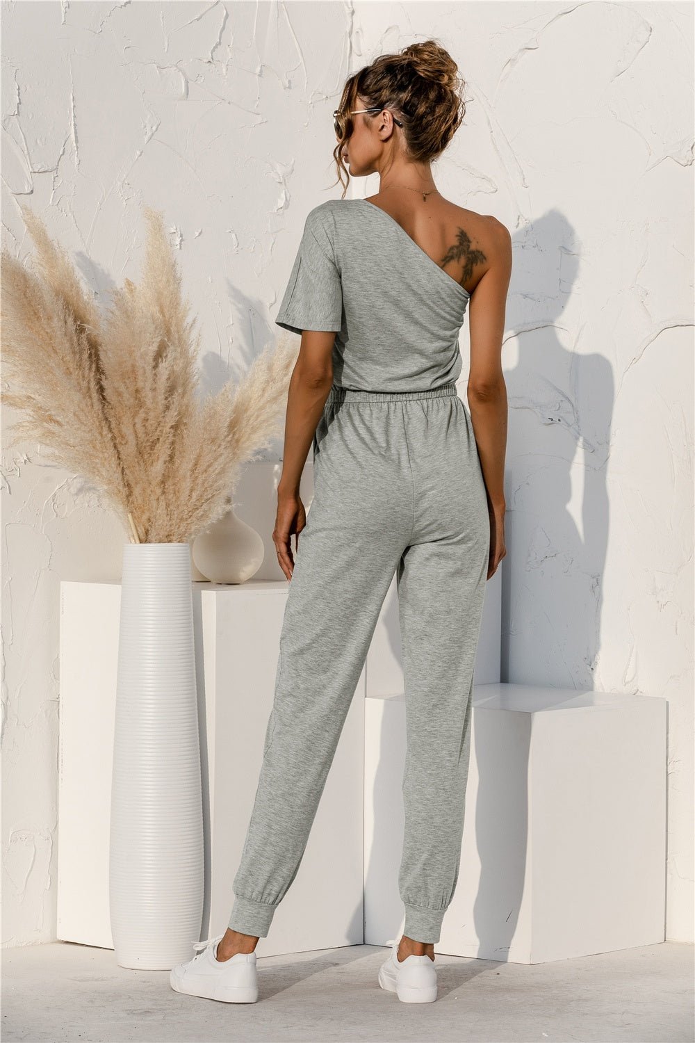 Single Shoulder Short Sleeve Jumpsuit - TayDiane