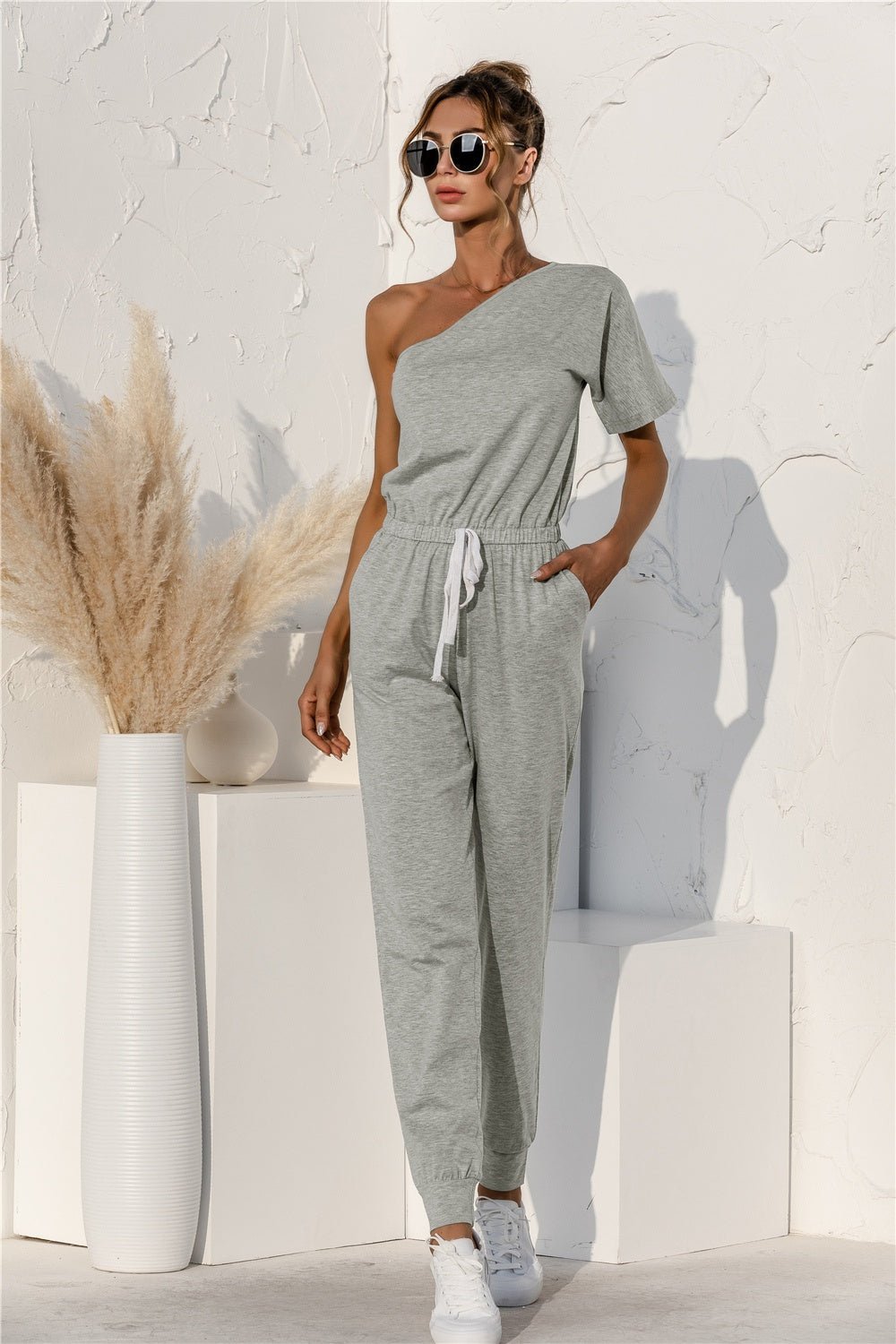 Single Shoulder Short Sleeve Jumpsuit - TayDiane