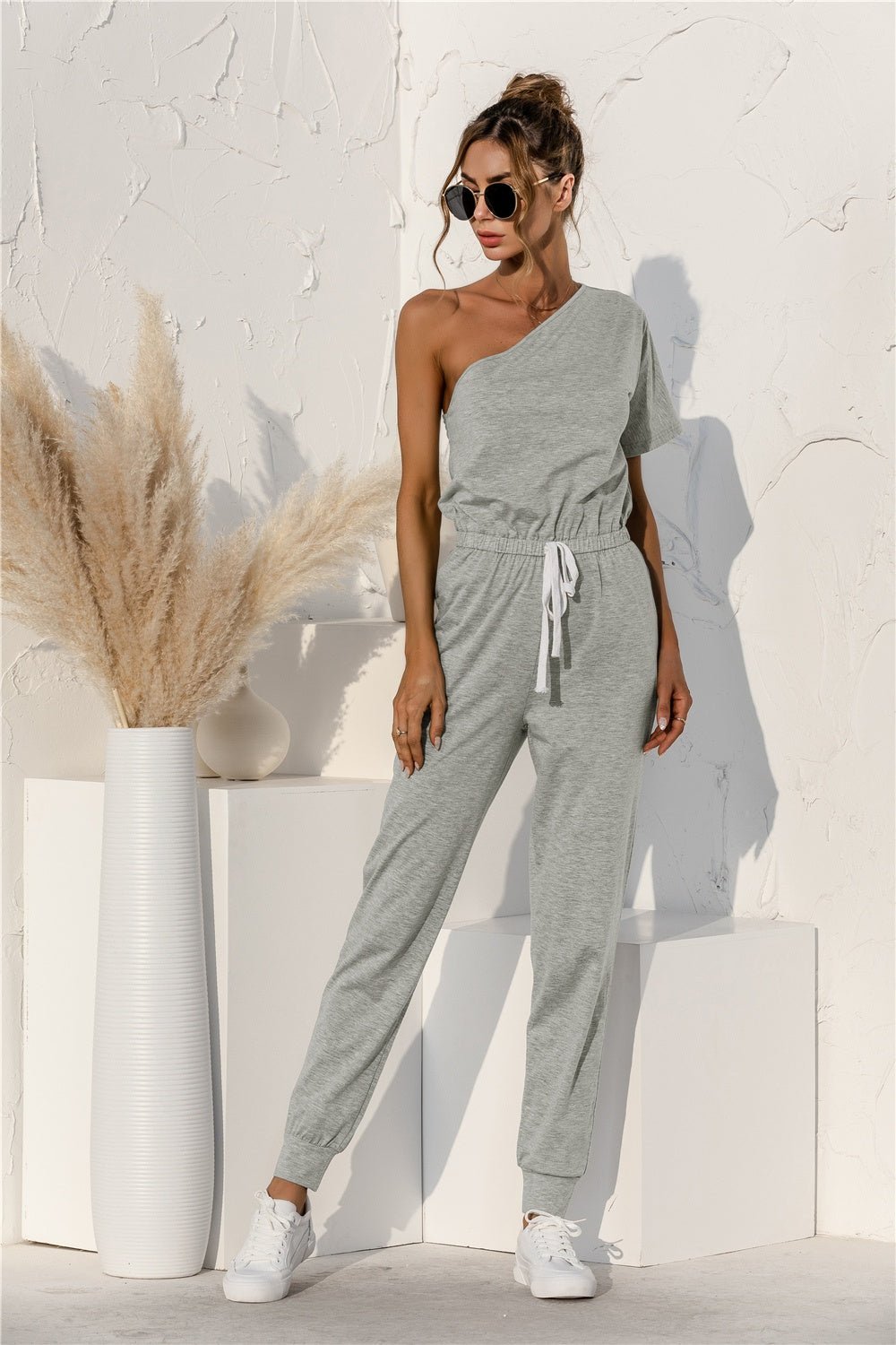 Single Shoulder Short Sleeve Jumpsuit - TayDiane