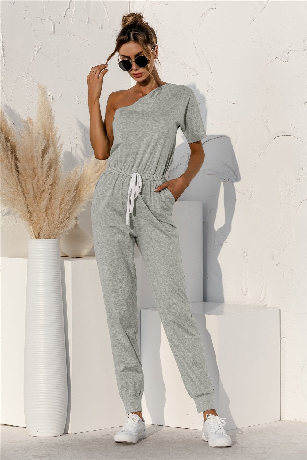 Single Shoulder Short Sleeve Jumpsuit - TayDiane