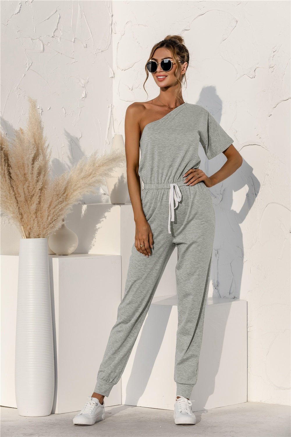 Single Shoulder Short Sleeve Jumpsuit - TayDiane