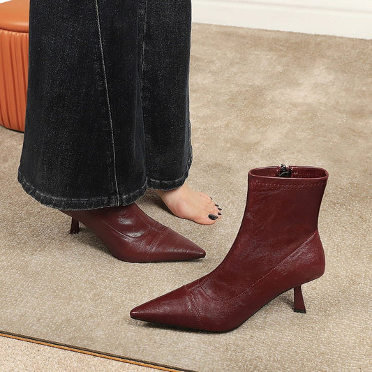 Skinny Boots Women Retro Soft Leather Pointed Toe Ankle Boots Single Layer Boots Stiletto Heel Small Stretch French Ankle Boots - TayDiane