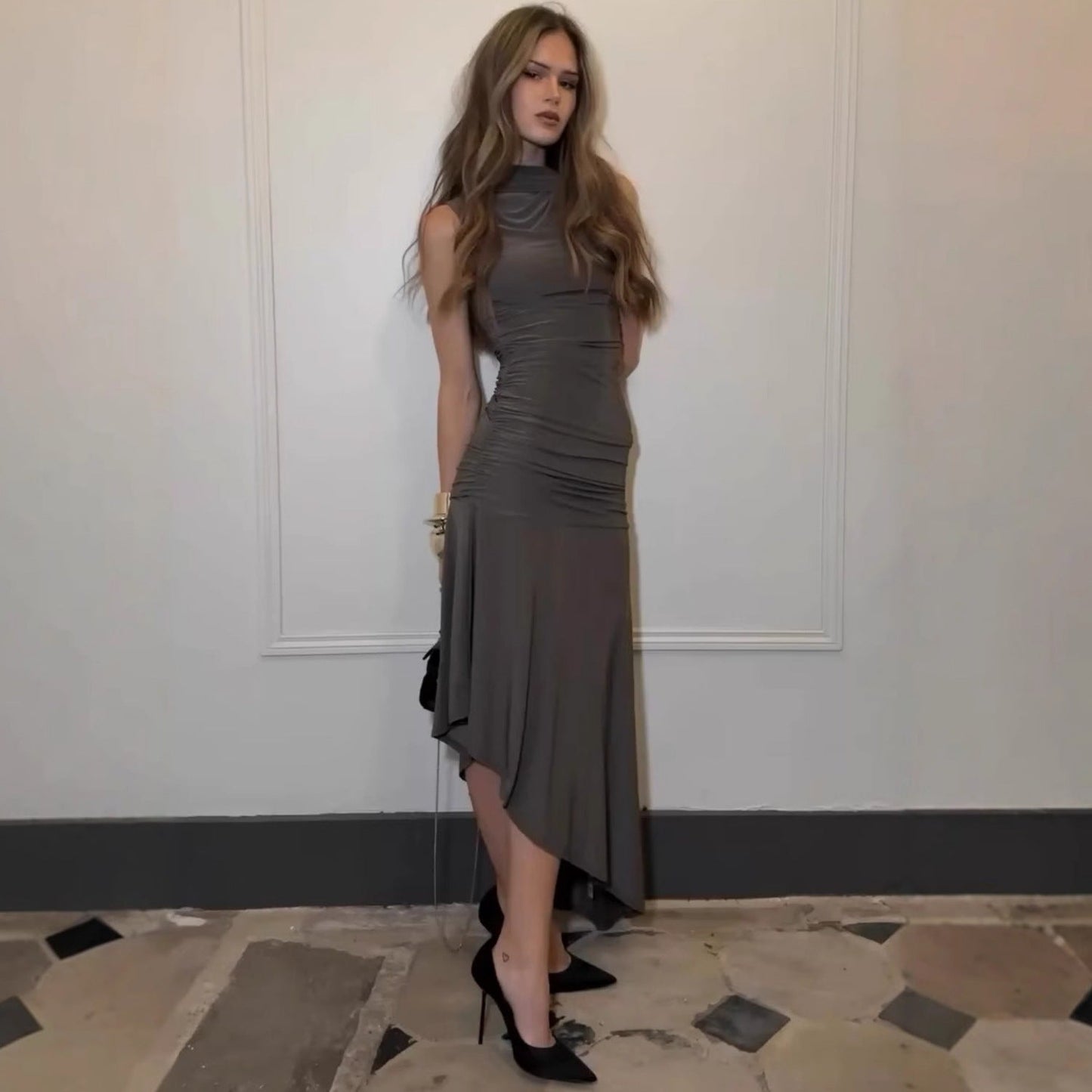 Sleek Satin High - Neck Asymmetrical Hem Dress - TayDiane