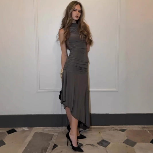 Sleek Satin High - Neck Asymmetrical Hem Dress - TayDiane