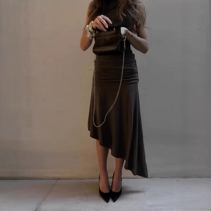 Sleek Satin High - Neck Asymmetrical Hem Dress - TayDiane