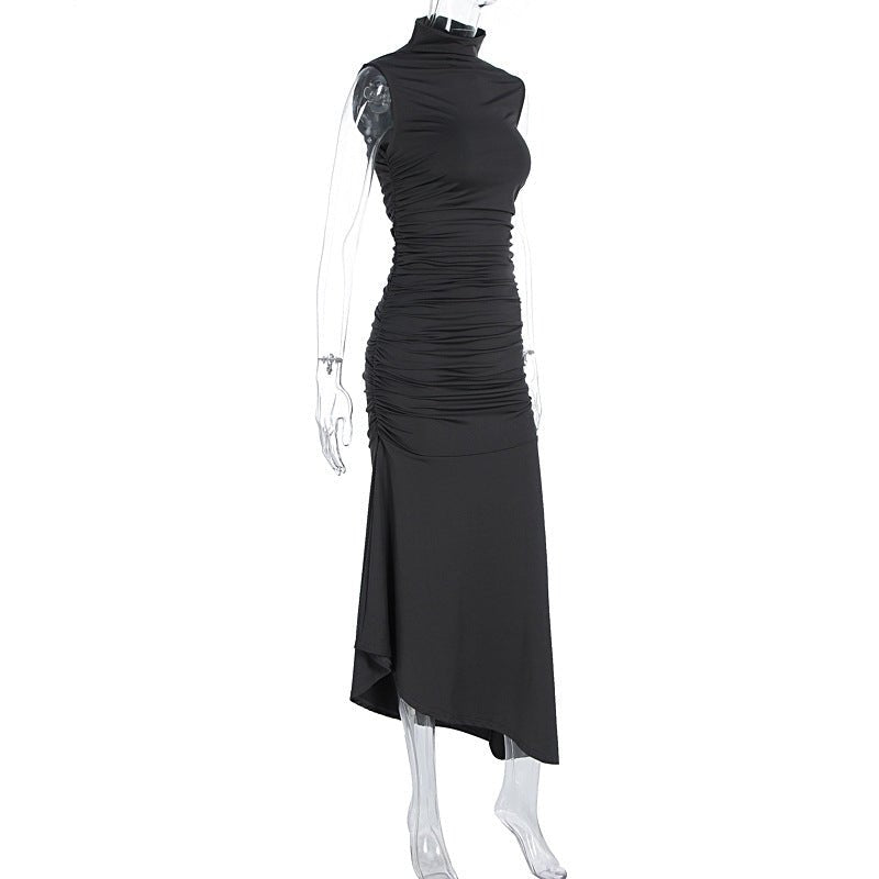 Sleek Satin High - Neck Asymmetrical Hem Dress - TayDiane