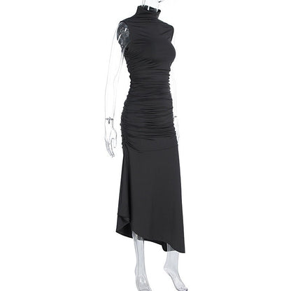 Sleek Satin High - Neck Asymmetrical Hem Dress - TayDiane