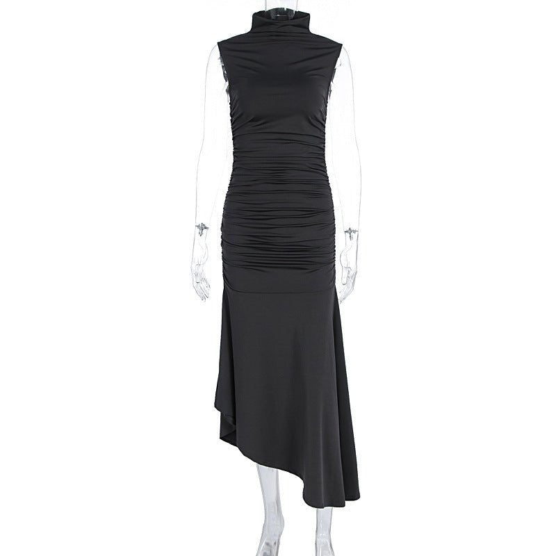Sleek Satin High - Neck Asymmetrical Hem Dress - TayDiane