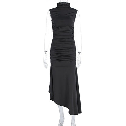 Sleek Satin High - Neck Asymmetrical Hem Dress - TayDiane