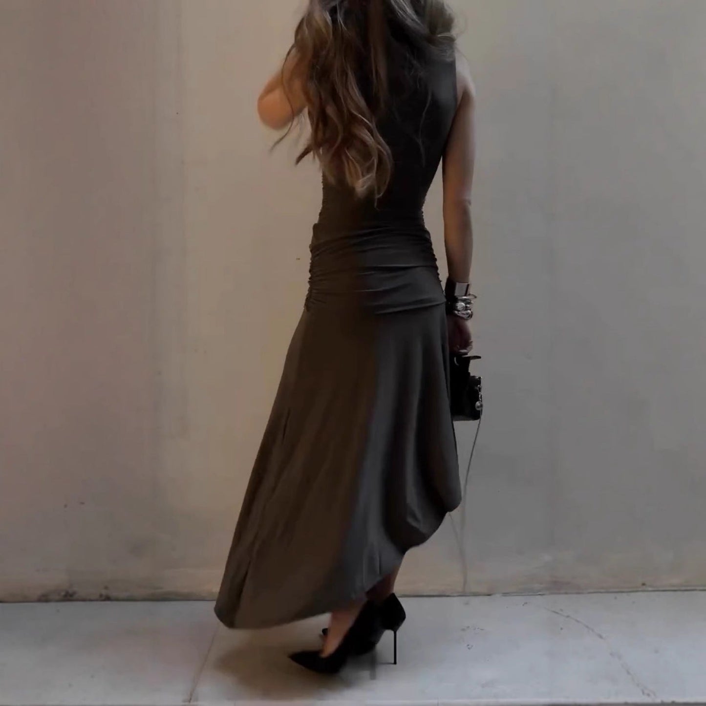 Sleek Satin High - Neck Asymmetrical Hem Dress - TayDiane