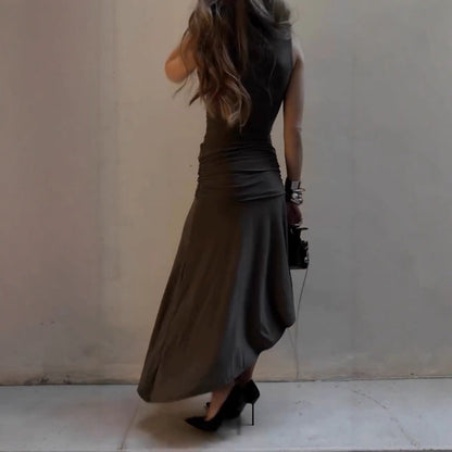 Sleek Satin High - Neck Asymmetrical Hem Dress - TayDiane