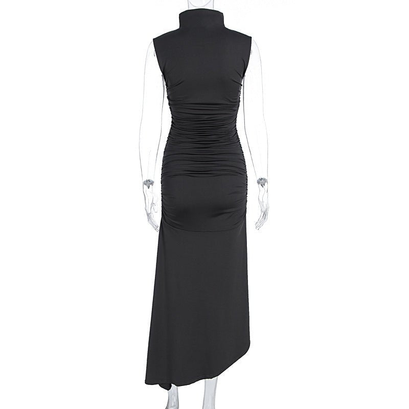 Sleek Satin High - Neck Asymmetrical Hem Dress - TayDiane