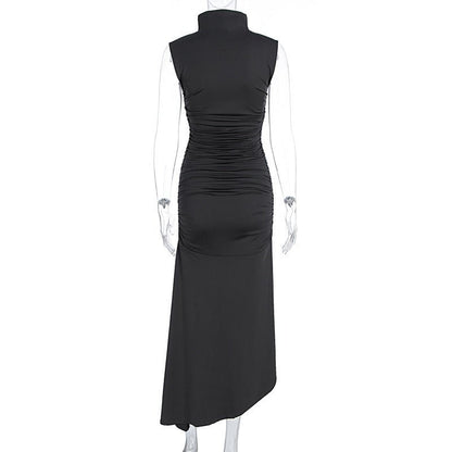Sleek Satin High - Neck Asymmetrical Hem Dress - TayDiane
