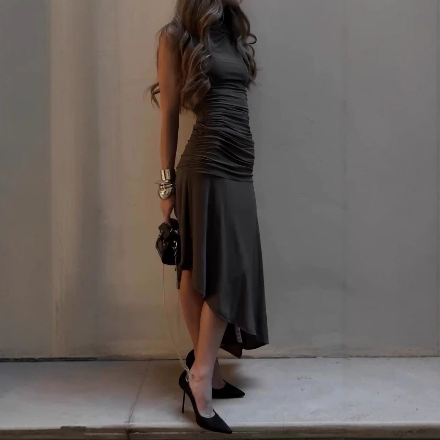 Sleek Satin High - Neck Asymmetrical Hem Dress - TayDiane