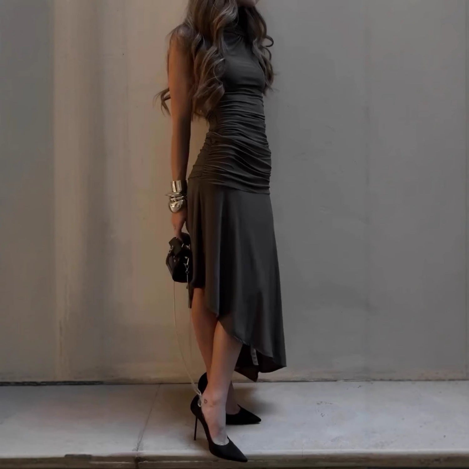 Sleek Satin High - Neck Asymmetrical Hem Dress - TayDiane