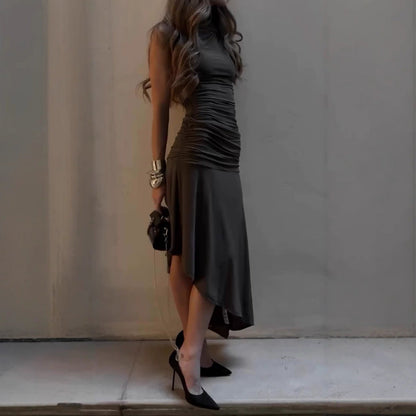 Sleek Satin High - Neck Asymmetrical Hem Dress - TayDiane